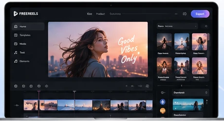 The FREEREELS video editor on a laptop: templates, preview, timeline and effects