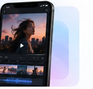 The FREEREELS mobile editor showing a portrait reel on a timeline